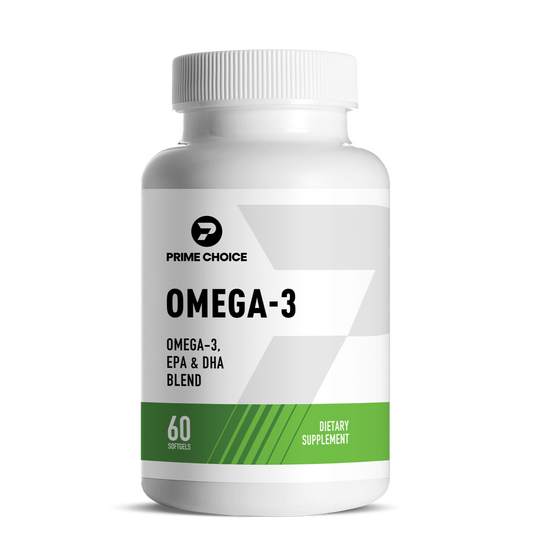 Prime Choice Omega-3 supplement bottle with label showing: Omega-3, EPA & DHA Blend, 60 Softgels, Dietary Supplement.