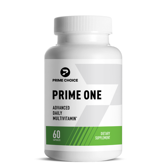Prime Choice Prime One supplement bottle with label showing: Advanced Daily Multivitamin, 60 Capsules, Dietary Supplement.
