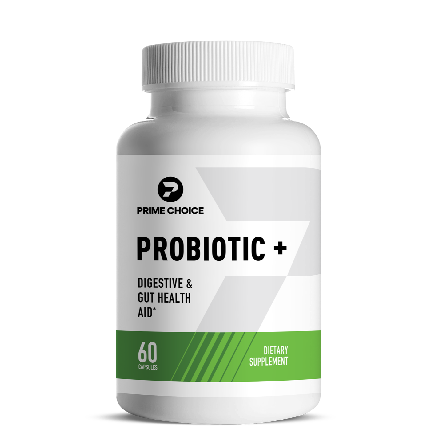 Prime Choice Probiotic+ supplement bottle with label showing: Digestive & Gut Health Aid, 60 Capsules, Dietary Supplement.