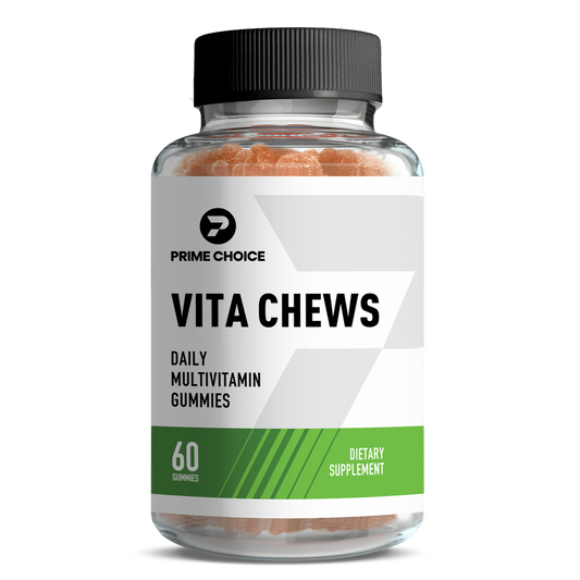 Prime Choice Vita Chews supplement bottle with label showing: Daily Multivitamin Gummies, 60 Gummies, Dietary Supplement.