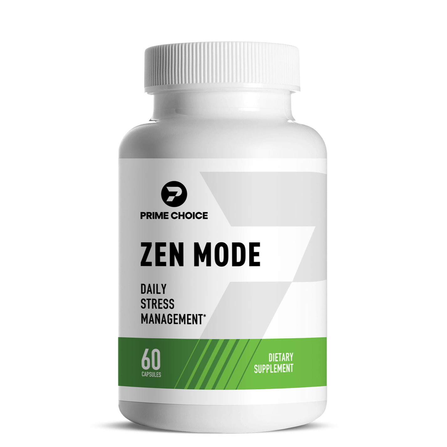 Prime Choice Zen Mode supplement bottle with label showing: Daily Stress Management, 60 Capsules, Dietary Supplement.