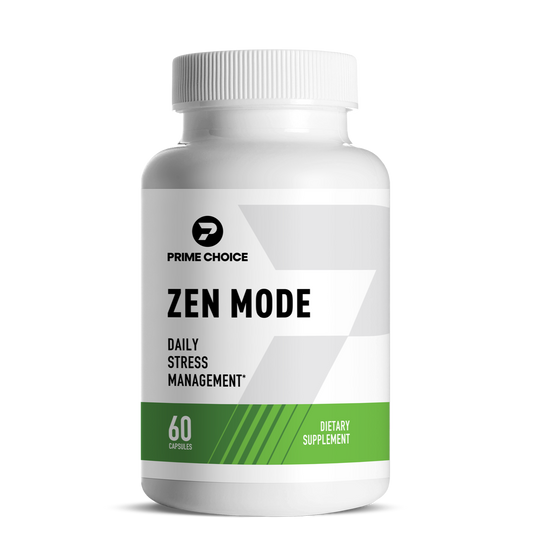 Prime Choice Zen Mode supplement bottle with label showing: Daily Stress Management, 60 Capsules, Dietary Supplement.