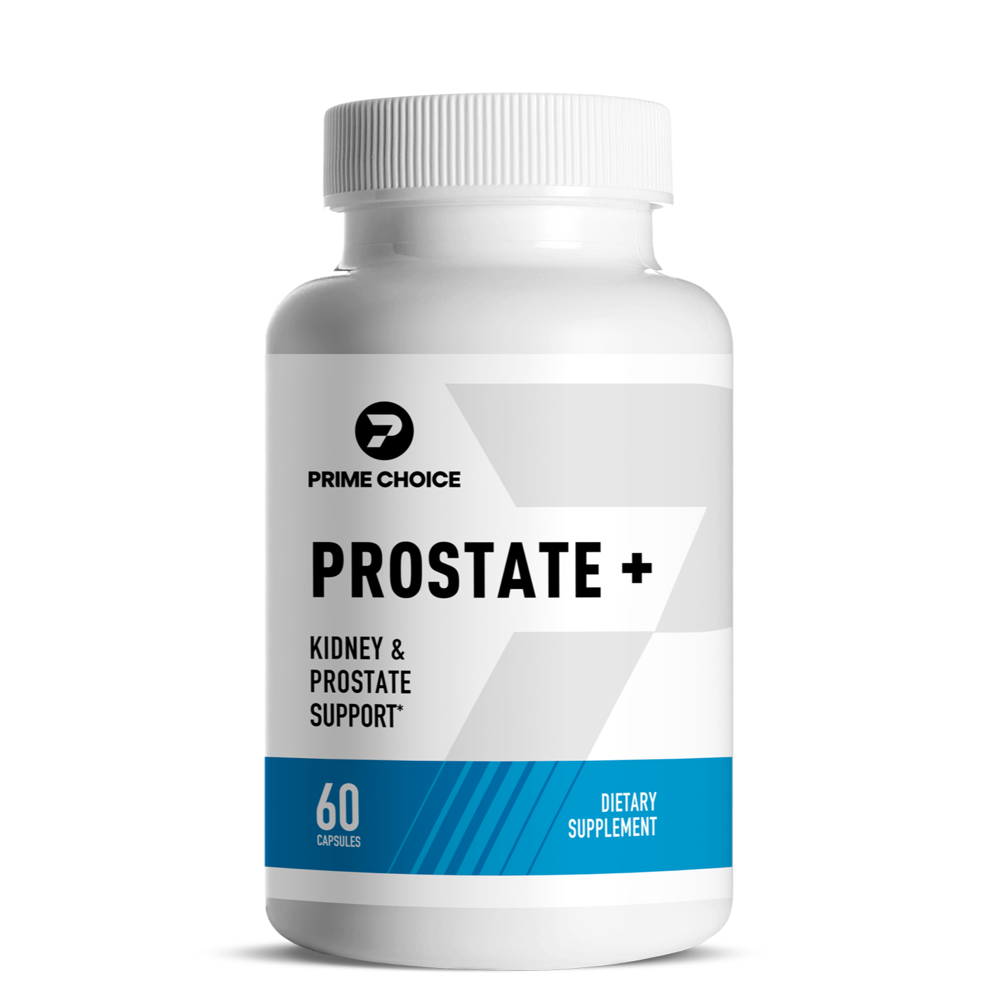 Prime Choice Prostate+ supplement bottle with label showing: Kidney & Prostate Support, 60 Capsules, Dietary Supplement.