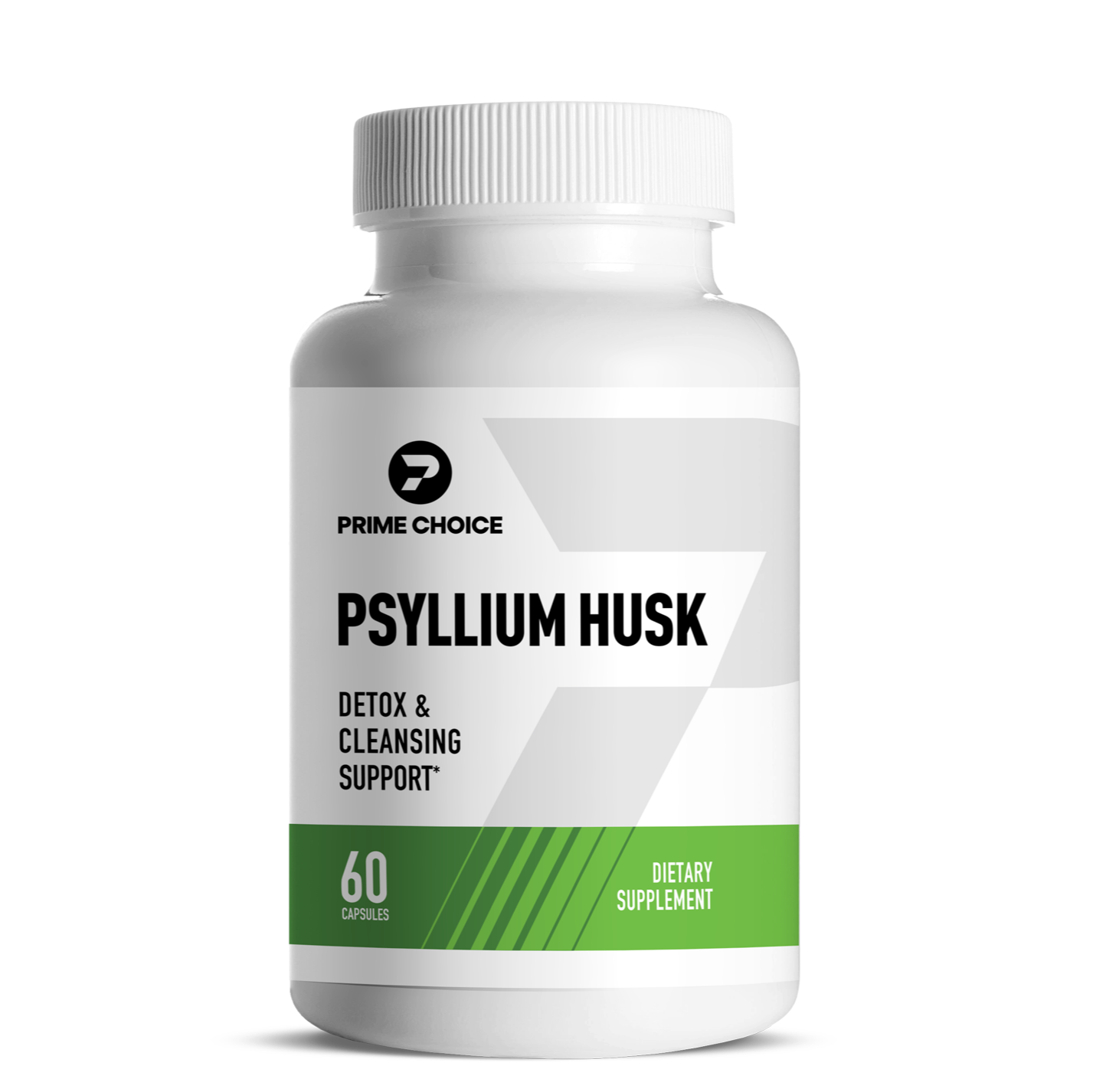 Prime Choice Psyllium Husk supplement bottle with label showing: Detox & Cleansing Support, 60 Capsules, Dietary Supplement.