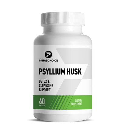 Prime Choice Psyllium Husk supplement bottle with label showing: Detox & Cleansing Support, 60 Capsules, Dietary Supplement.