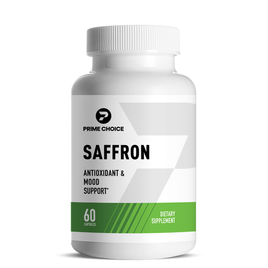 Prime Choice saffron supplement product photo showing front packaging. Promotes weight loss, Mood Enhancement, and supports overall wellness