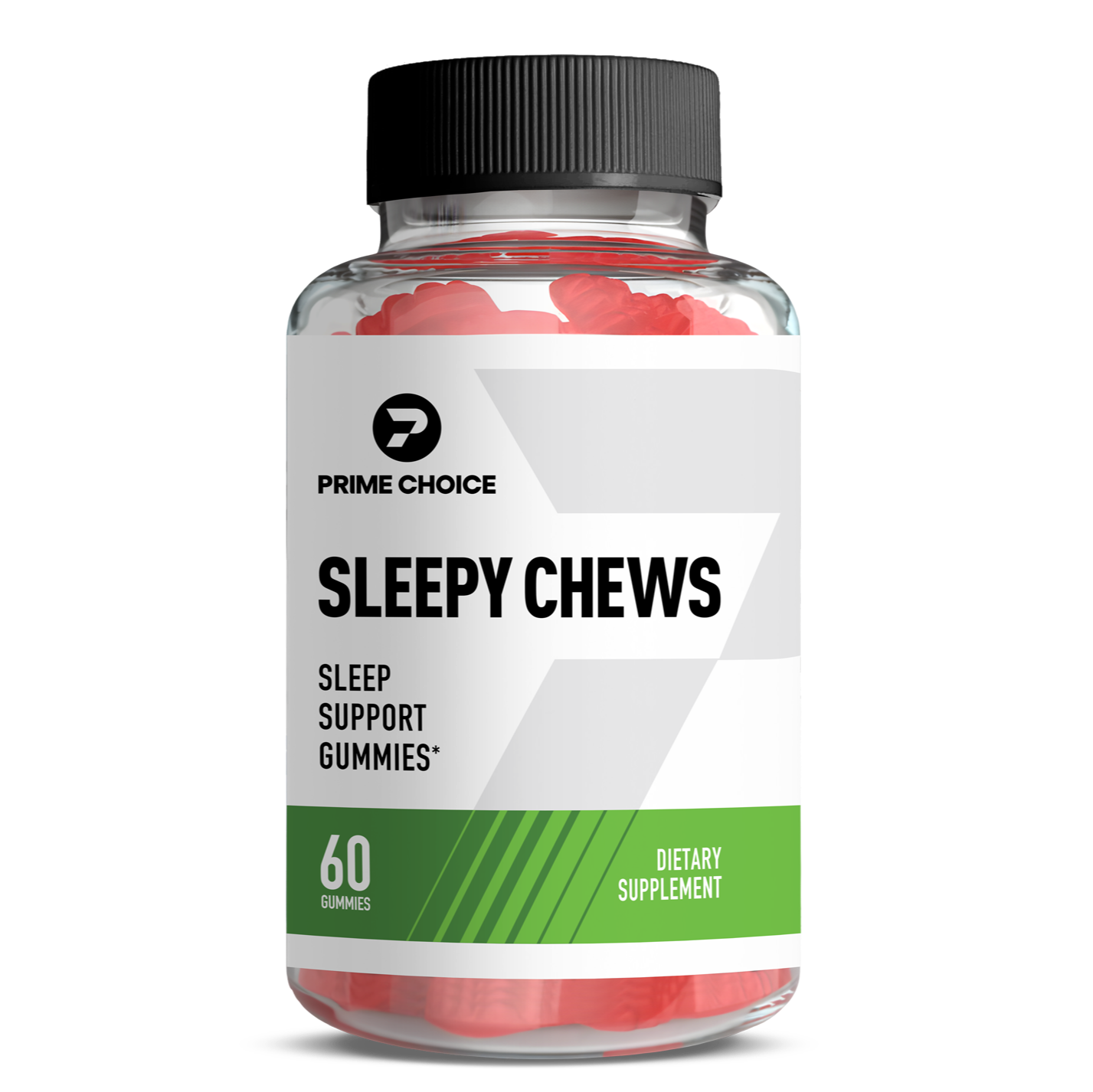 Prime Choice Sleepy Chews supplement bottle with label showing: Sleep Support Gummies, 60 Gummies, Dietary Supplement.