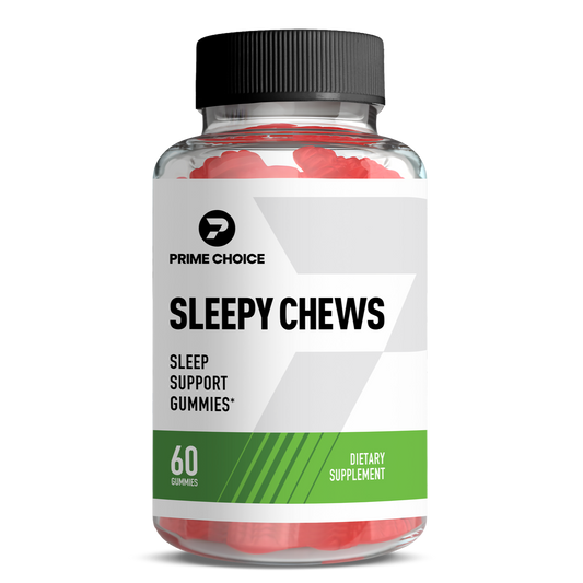 Prime Choice Sleepy Chews supplement bottle with label showing: Sleep Support Gummies, 60 Gummies, Dietary Supplement.