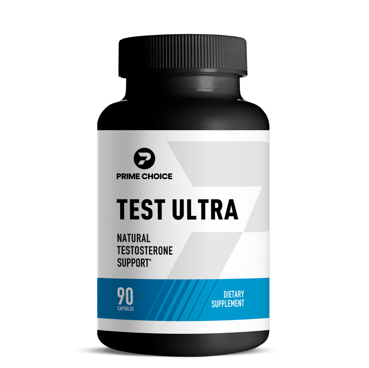 Prime Choice Test Ultra supplement bottle with label showing: Natural Testosterone Support, 90 Capsules, Dietary Supplement.