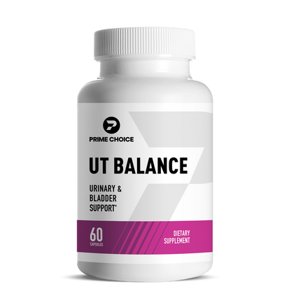 Prime Choice UT Balance supplement bottle with label showing: Urinary & Bladder Support, 60 Capsules, Dietary Supplement.